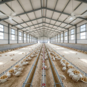 HVLS ceiling fans inside a livestock poultry barn