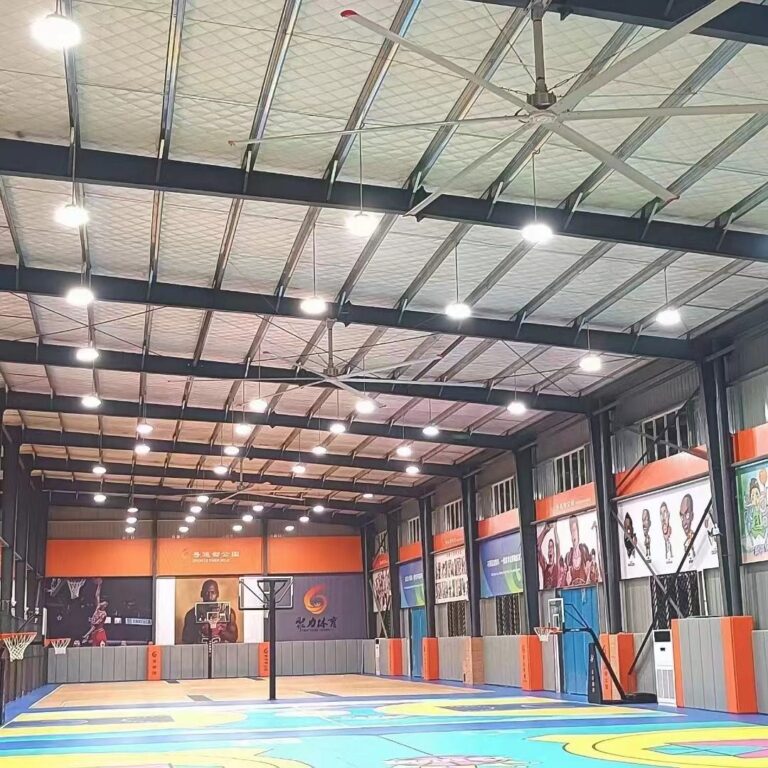 HVLS ceiling fans in an indoor basketball sports hall