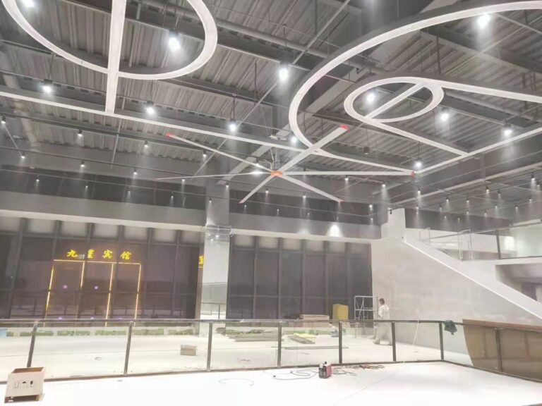 HVLS ceiling fans in a hotel atrium lobby