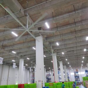 HVLS ceiling fans installed in a logistics distribution warehouse