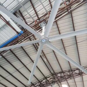 Six 7.2m HVLS ceiling fans in a steel-structure plant