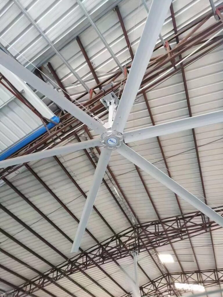 Six 7.2m HVLS ceiling fans in a steel-structure plant